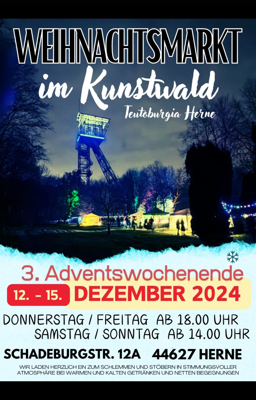 Du betrachtest gerade Weihnachtsmarkt im Kunstwald Teutoburgia Herne am Freitag 13.12. – Sonntag 15.12.2024